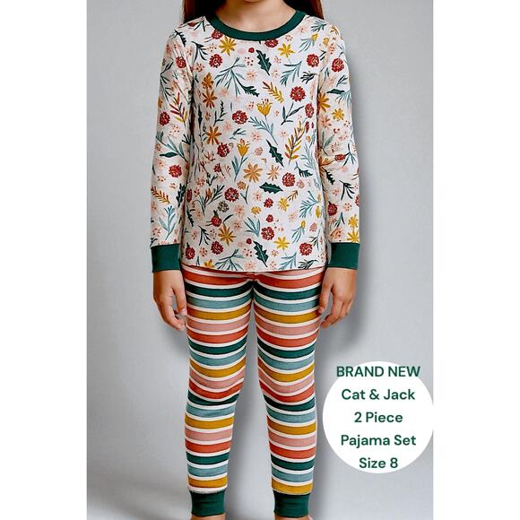 Cat & Jack Girls Pajama Set - SIZE 8 Floral Top & Striped Pants NEW NEVER WORN - Picture 1 of 9